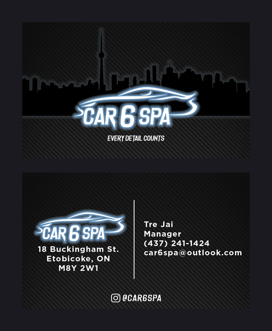 Car 6 Spa business cards on carbon fibre texture. The front shows a glowing car outline logo over the Toronto skyline, the back shows contact details