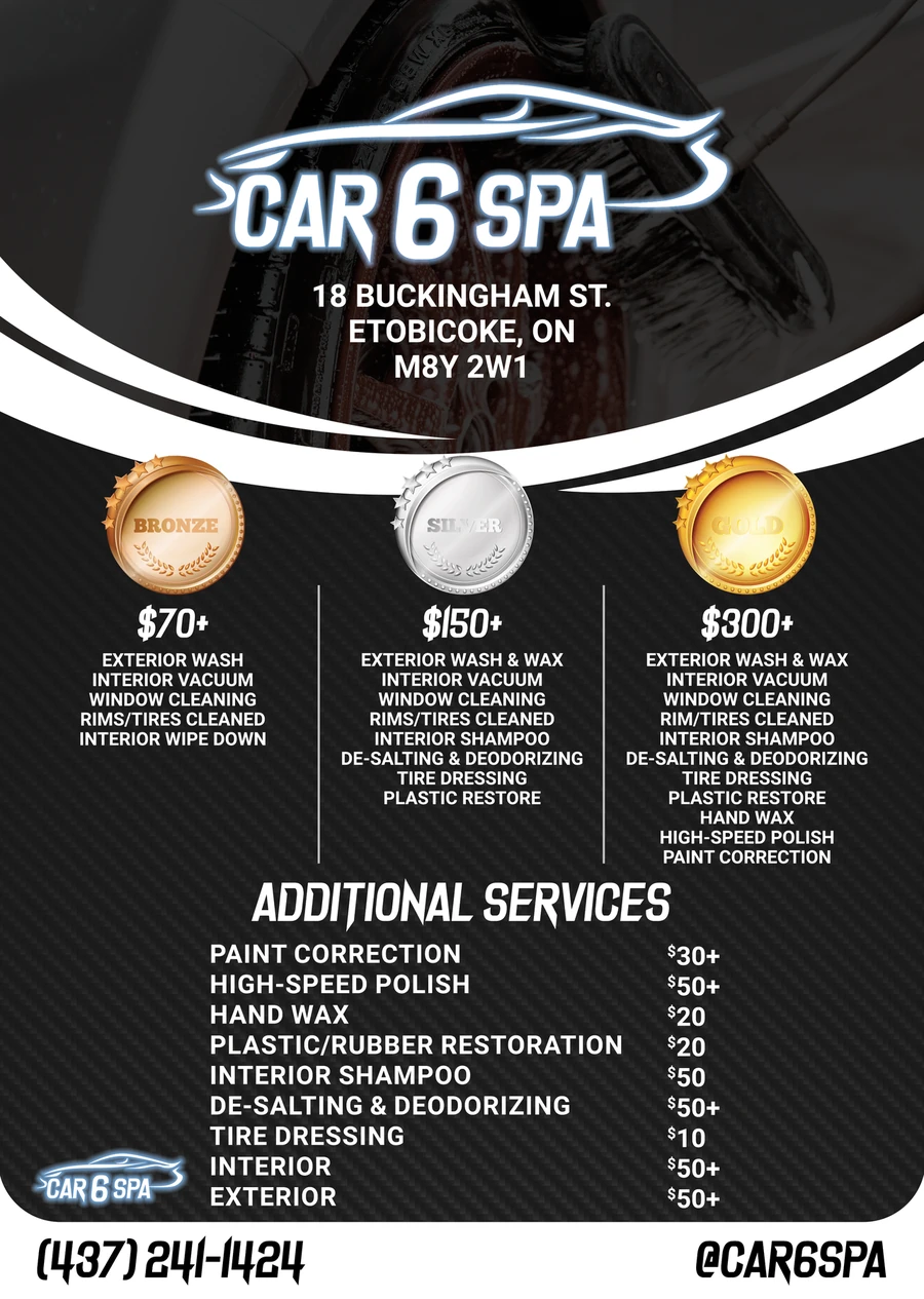 Car 6 Spa flyer with bronze, silver and gold package tiers priced at 70, 150 and 300 dollars and a list of additional services