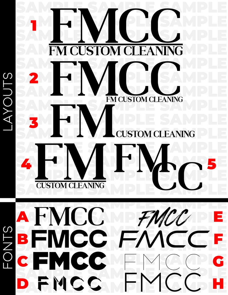 FMCC logo concept sheet with five numbered layout options and eight lettered font options for the FMCC monogram