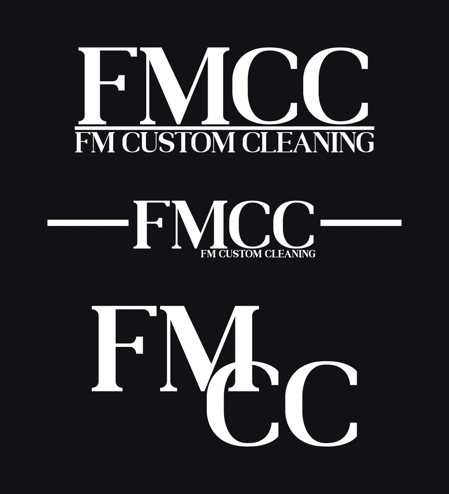 The final FMCC logo suite in white on dark: a stacked lockup, a horizontal line lockup and a compact FM over CC monogram