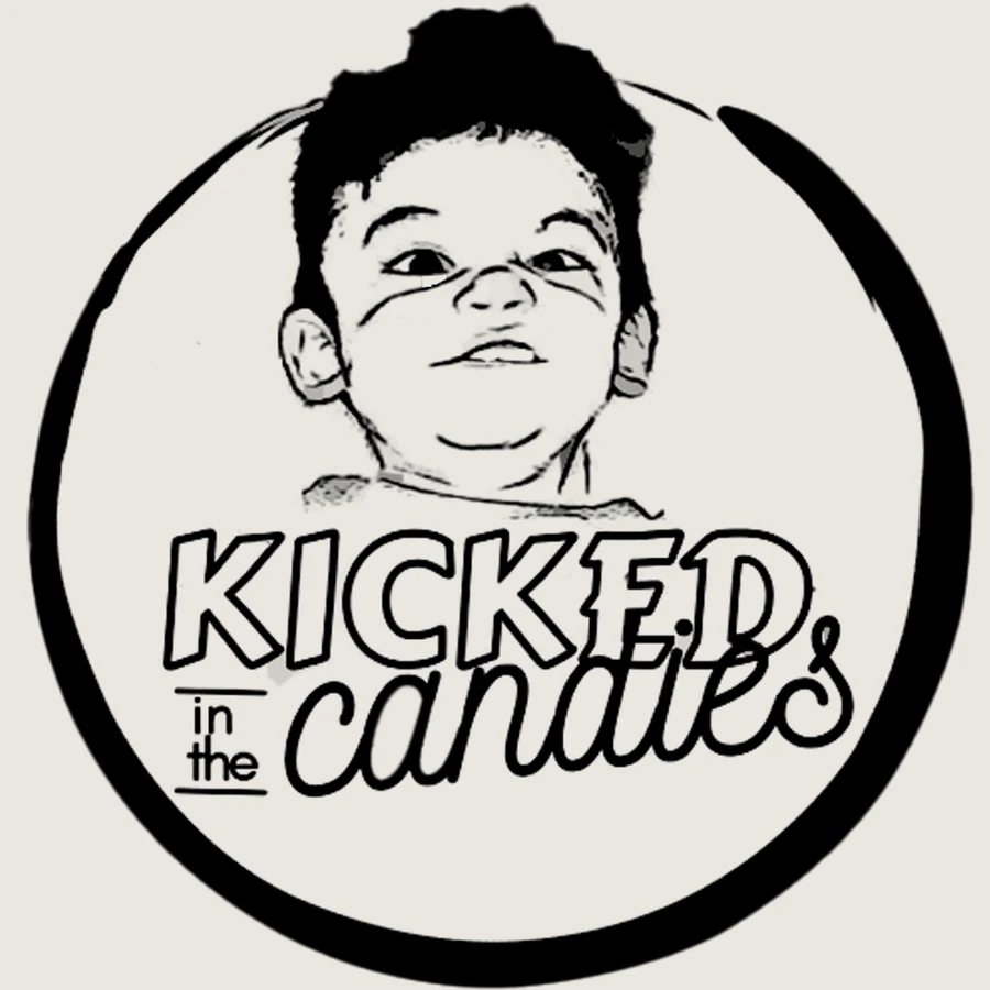 Circular badge logo with a hand drawn portrait of a young boy above the words Kicked in the Candies