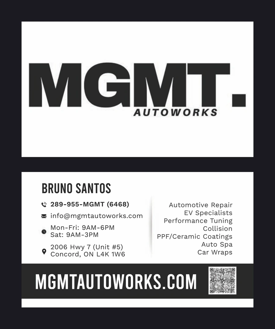 MGMT Autoworks business card. Front shows the bold MGMT wordmark, back lists contact details, services and a QR code