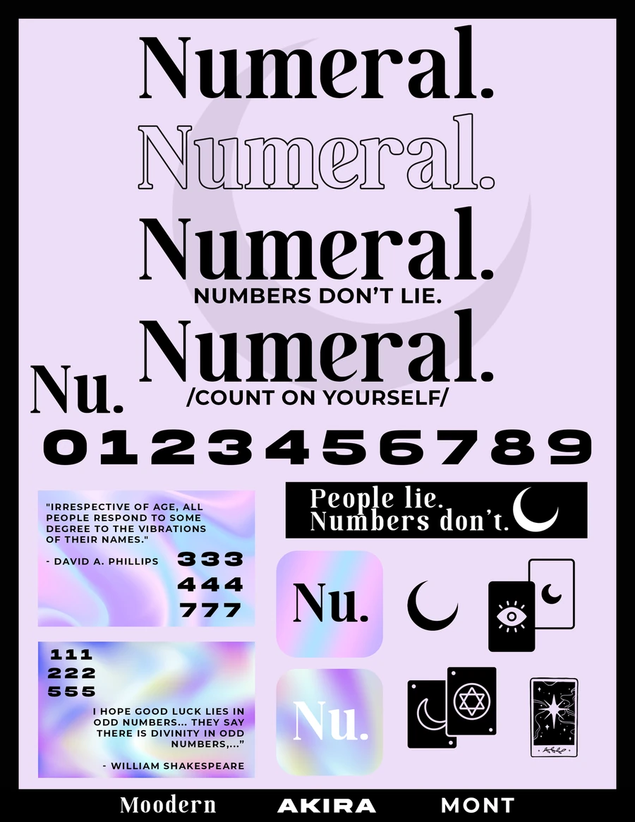 Numeral brand exploration sheet on lavender showing several wordmark treatments, a full set of numerals, holographic gradient swatches, the Nu app icon, a crescent moon and tarot card icons