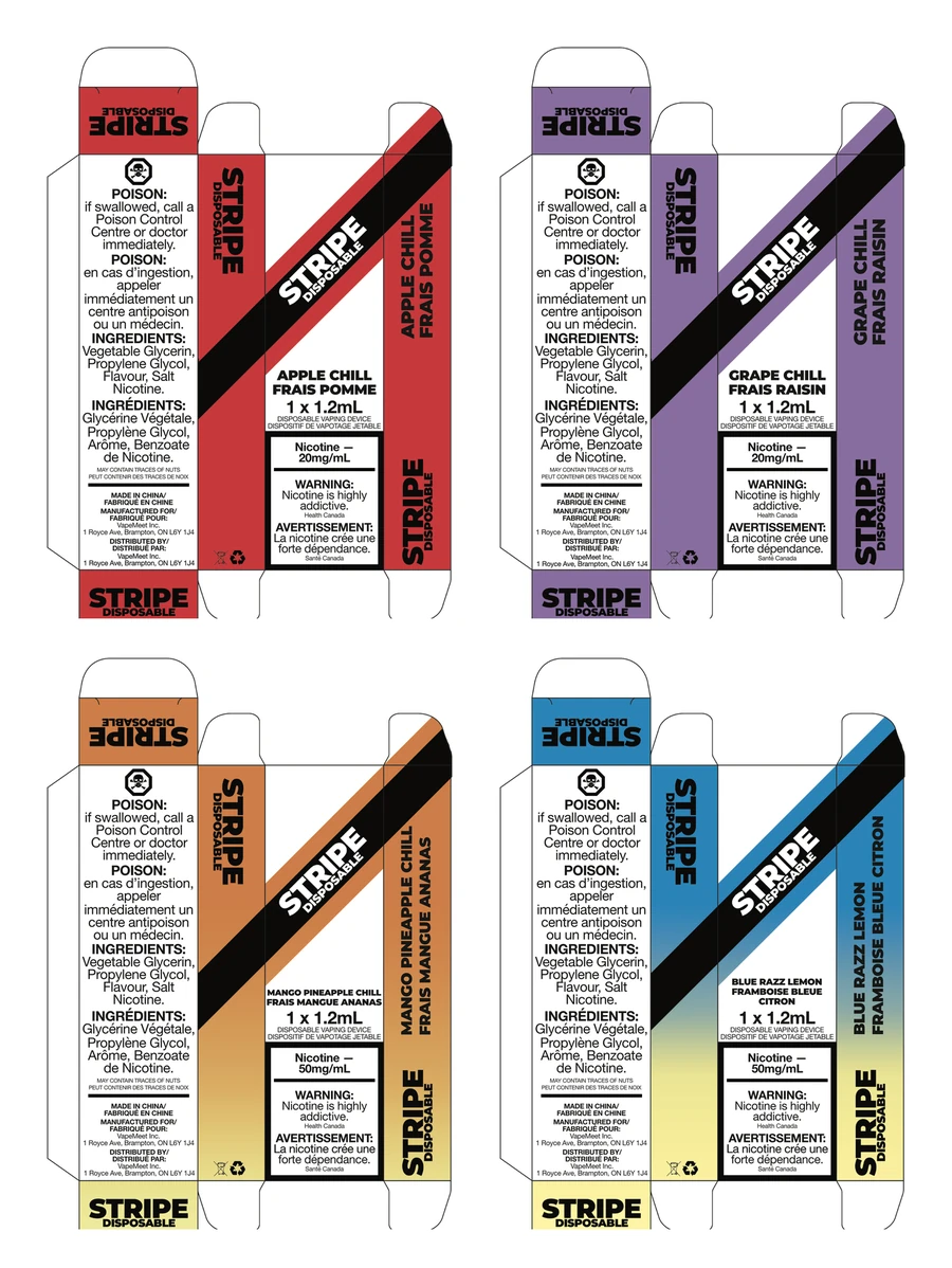 Four flat Stripe box dielines in red, purple, orange and blue, each with the diagonal stripe, bilingual warnings and ingredient panels