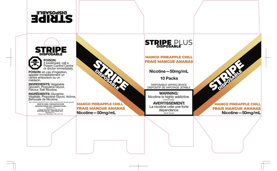 Flat dieline for the Stripe Plus Mango Pineapple Chill ten pack carton, with the black and gold diagonal stripe on both faces