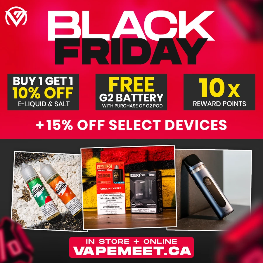 VapeMeet Black Friday graphic with buy one get one, free battery and 10 times reward point offers above a product spread