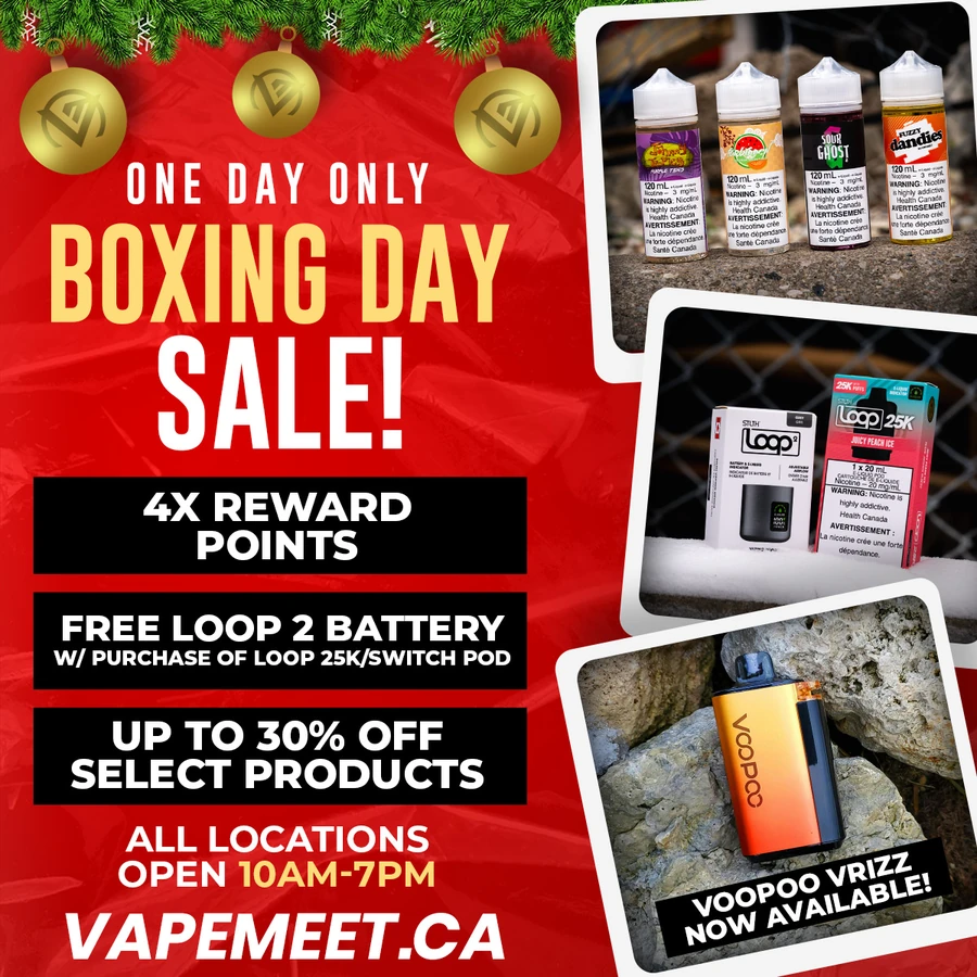 VapeMeet Boxing Day sale graphic in red with gold ornaments, listing reward points, a free battery offer and store hours, framed by product photos