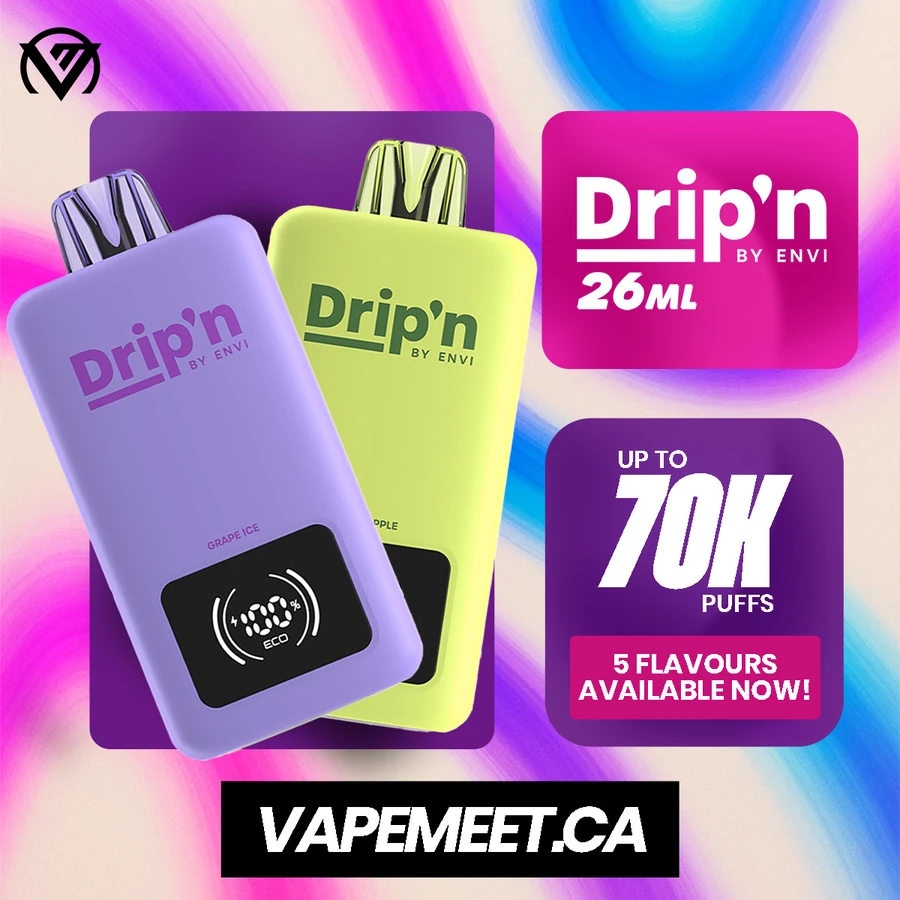 Social graphic for Drip'n by Envi showing two disposable devices in lilac and lime on a holographic gradient with puff count callouts
