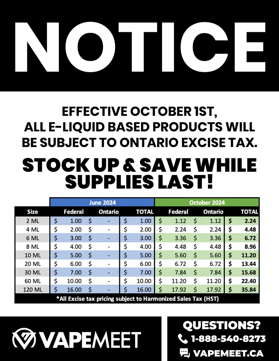 Notice explaining the Ontario excise tax on e-liquid with a table comparing federal, Ontario and total tax by bottle size before and after October 1st