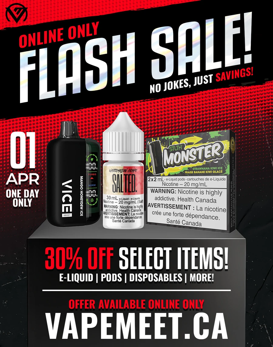 Flash sale graphic on dark red with condensed type, a 30 percent off callout and product photos