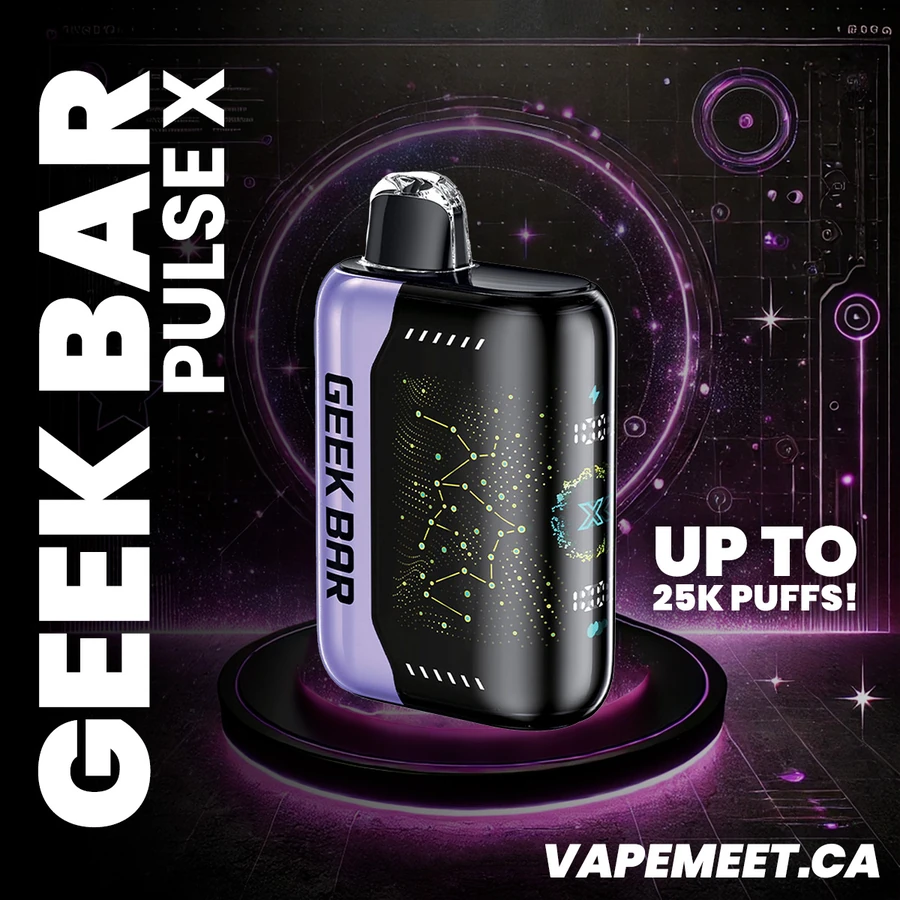 Geek Bar Pulse X launch graphic in deep purple with the device and a 25K puffs callout