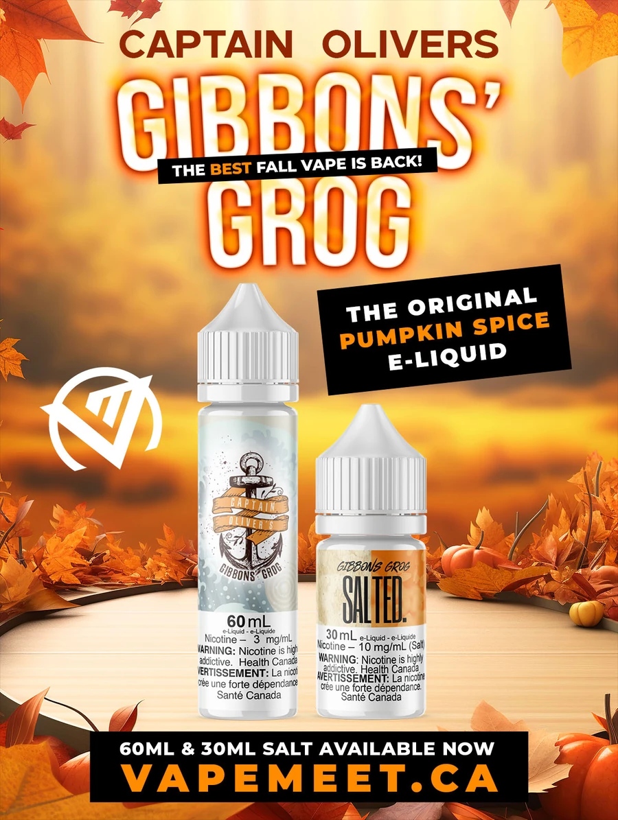 Autumn themed graphic for Gibbons' Grog pumpkin spice e-liquid with orange leaves and two bottles