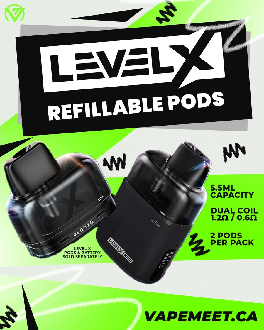 Level X refillable pods graphic in neon green with two black pods and their specs