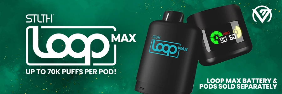Wide green web banner for the STLTH Loop Max with a black pod device