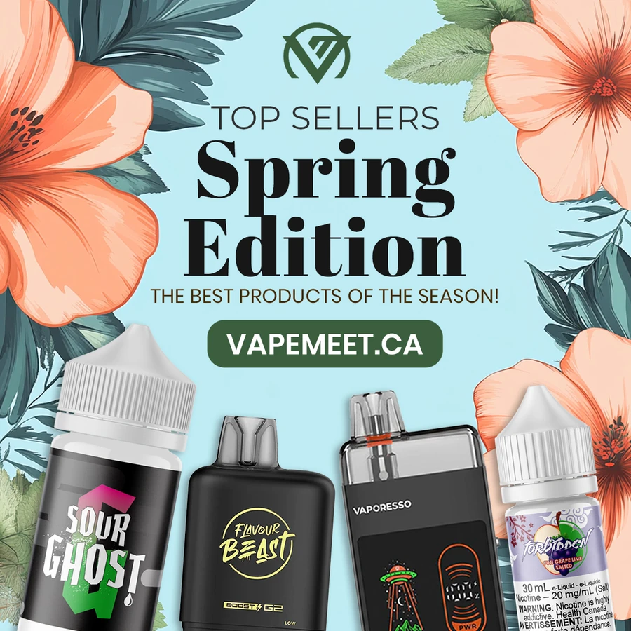 Spring edition top sellers graphic with tropical flowers and three e-liquid bottles