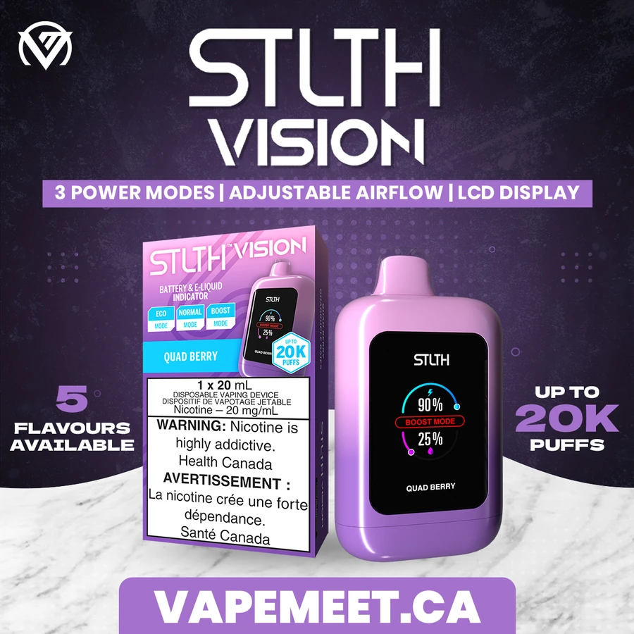 Social graphic for the STLTH Vision device on lavender with its box, five flavours and a 20K puffs callout