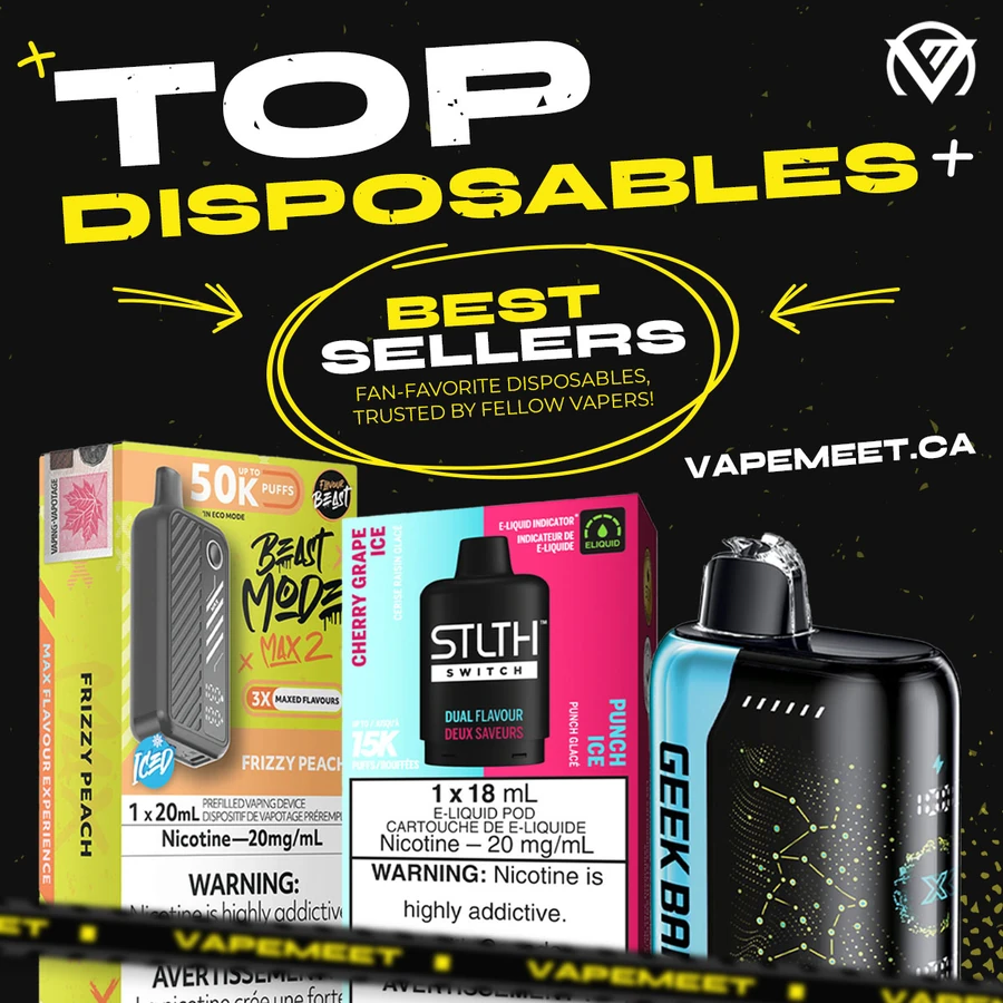 Top disposables best sellers graphic with a row of devices on black and yellow caution tape styling