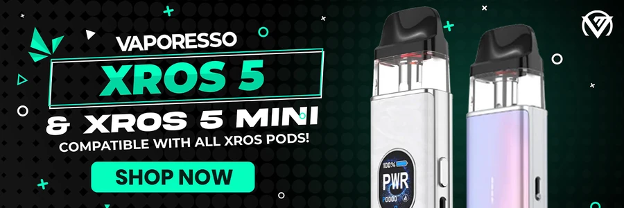 Wide dark web banner for the Vaporesso XROS 5 and XROS 5 Mini with two devices and a shop now button